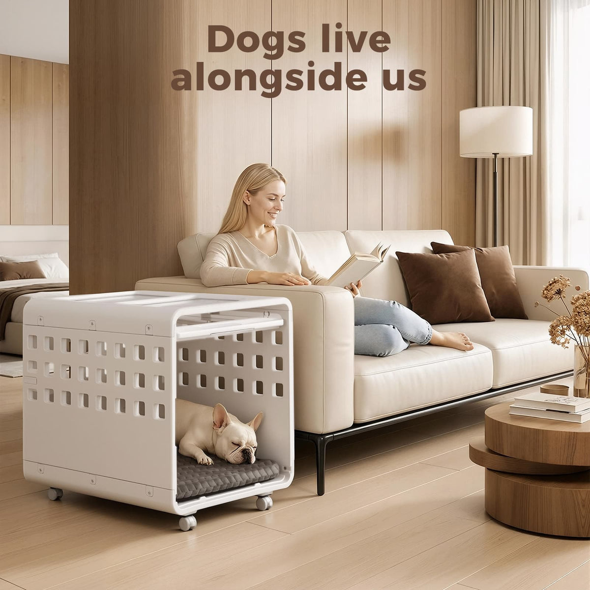 Woman sitting on a couch with a dog in a pet crate in a modern living room.
