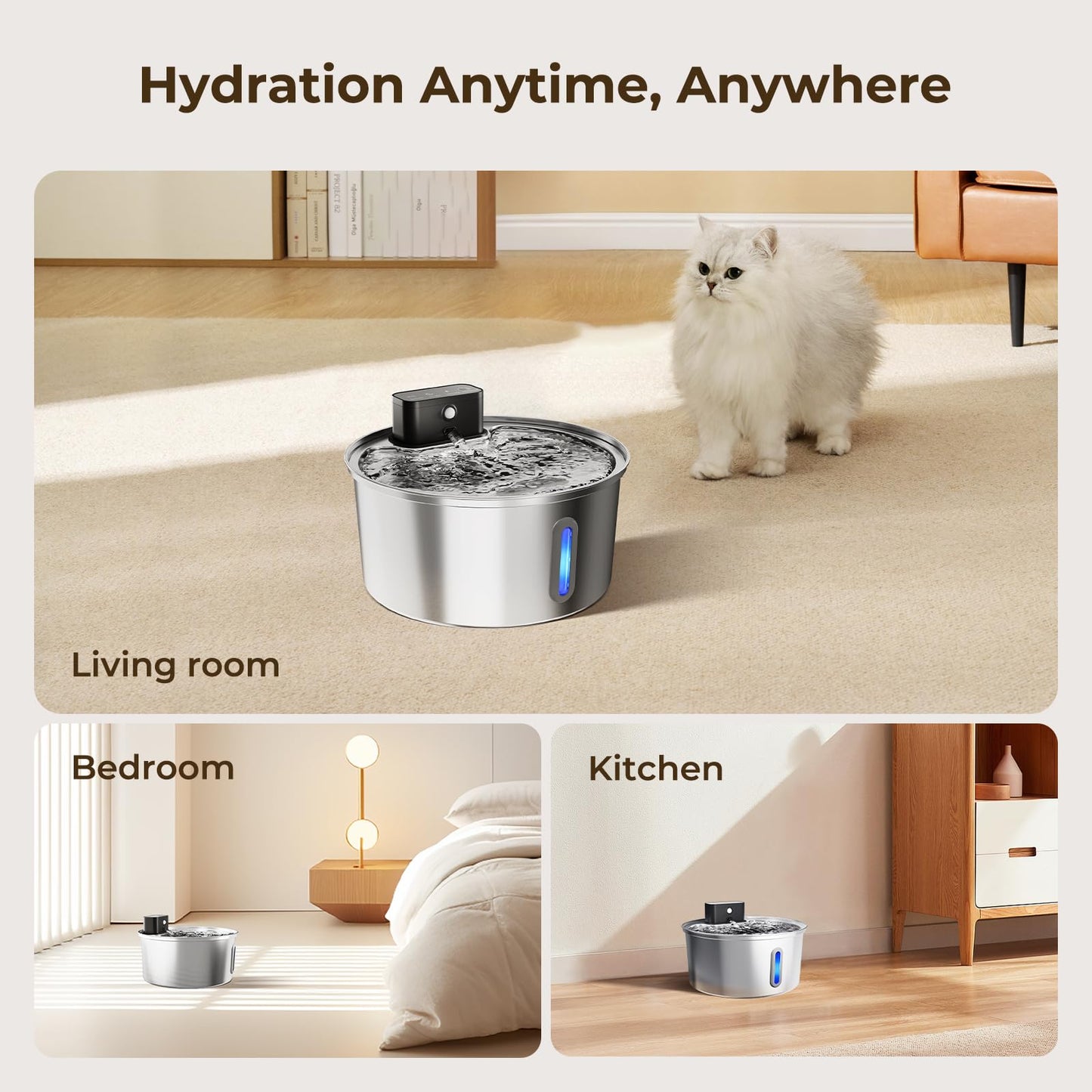 Wireless Stainless Steel Pet Water Fountain – 108oz/3.2L Cordless Automatic Dispenser with Smart Modes & Multi-Layer Filtration for Cats & Dogs