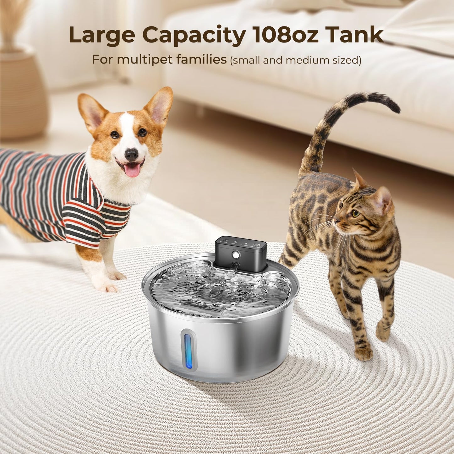Wireless Stainless Steel Pet Water Fountain – 108oz/3.2L Cordless Automatic Dispenser with Smart Modes & Multi-Layer Filtration for Cats & Dogs