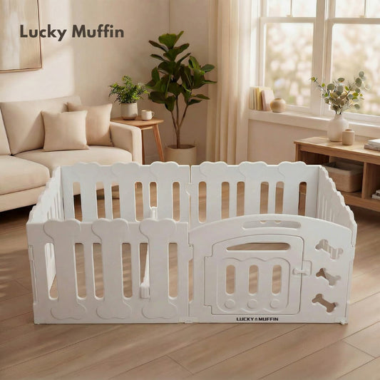 White playpen with 'Lucky Muffin' branding in a living room setting.