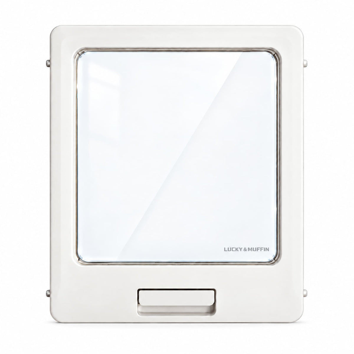 A square white wall switch plate cover with a large clear glass panel and a small recessed slot at the bottom, featuring the 'LUCKY & MUFFIN' brand name in the lower right of the glass.