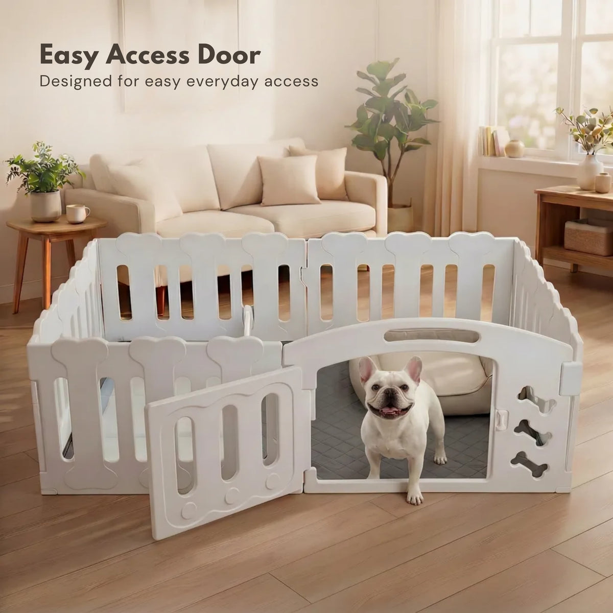 White pet playpen with a dog inside in a living room setting