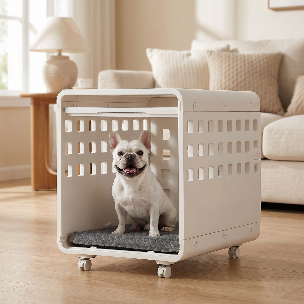 Dog in a modern pet carrier in a living room setting