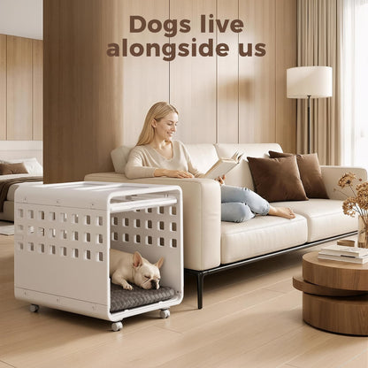 Woman sitting on a couch with a dog in a pet crate in a modern living room.