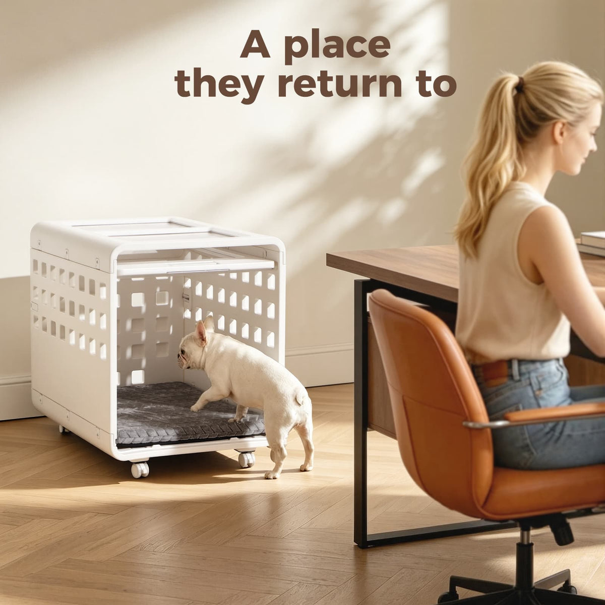 Woman sitting at a desk with a dog in a pet crate nearby, with text 'A place they return to'.