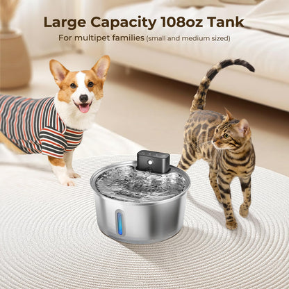 Wireless Stainless Steel Pet Water Fountain – 108oz/3.2L Cordless Automatic Dispenser with Smart Modes & Multi-Layer Filtration for Cats & Dogs