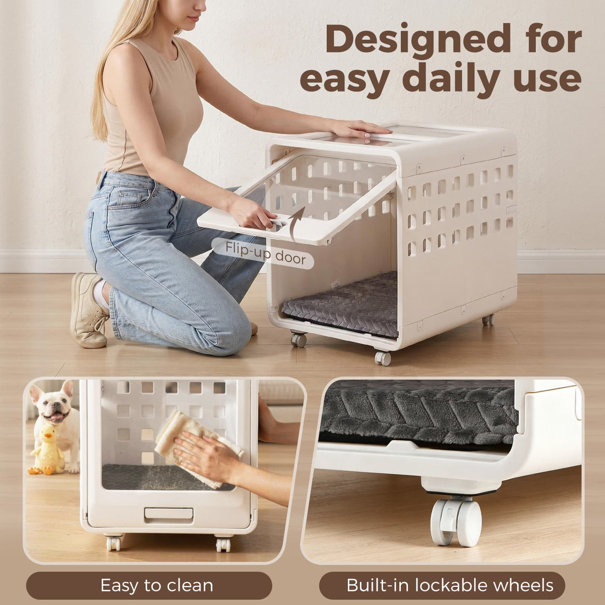Pet carrier with flip-up door, wheels, and cleaning feature on a wooden floor.