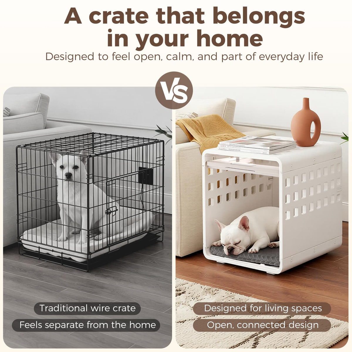 Comparison of a traditional wire crate and a modern pet bed in a living room setting.