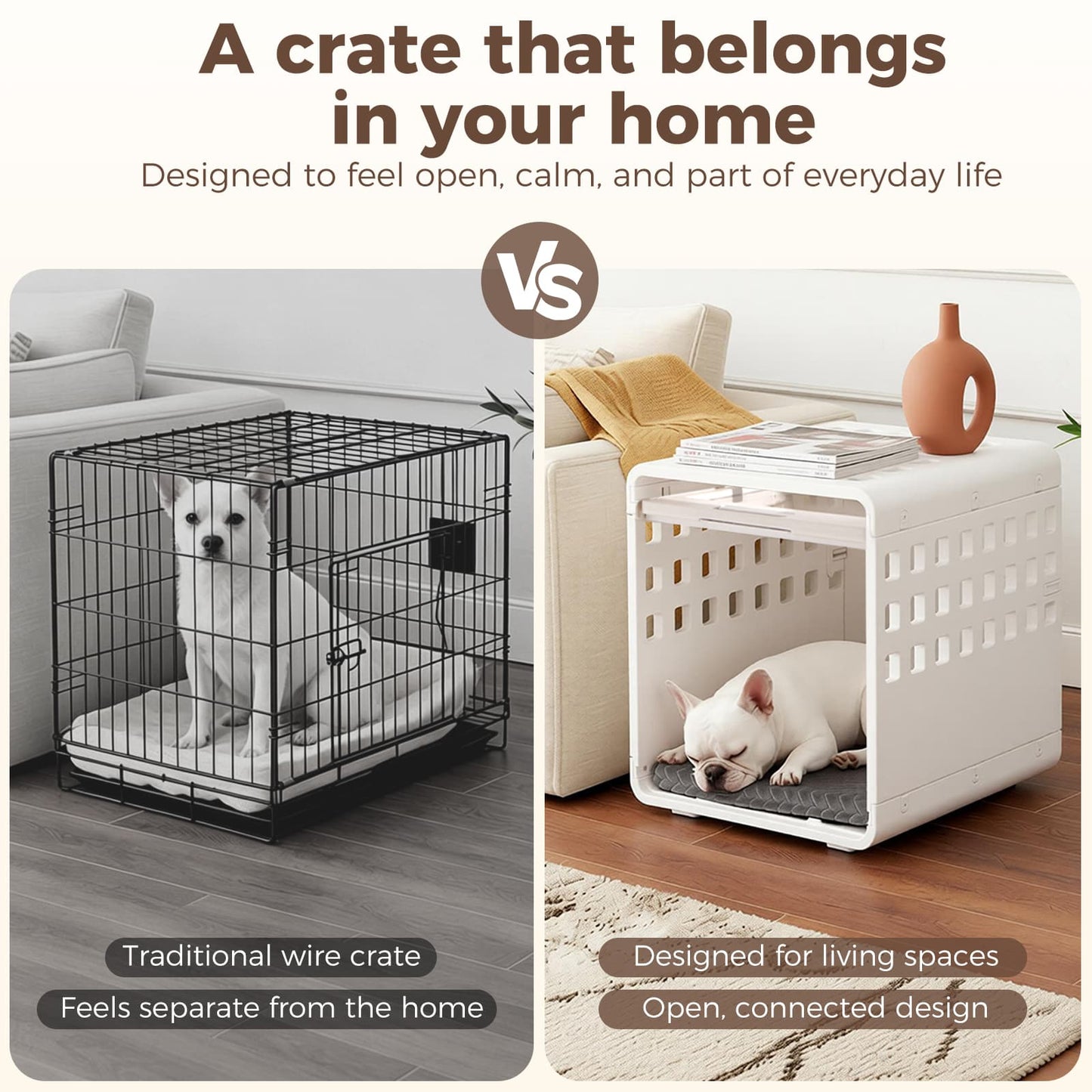 Comparison of a traditional wire crate and a modern pet bed in a living room setting.