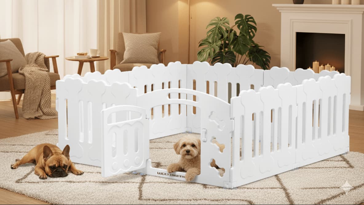 White pet playpen with two dogs inside in a living room setting.