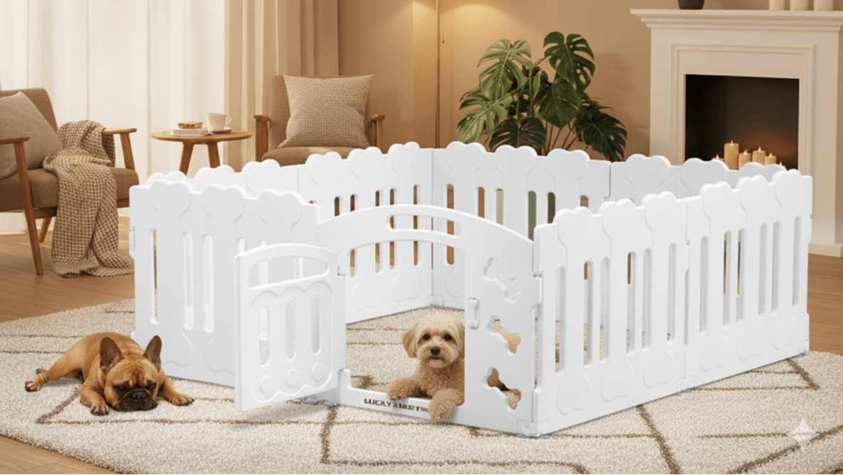 White pet playpen with two dogs inside in a living room setting.