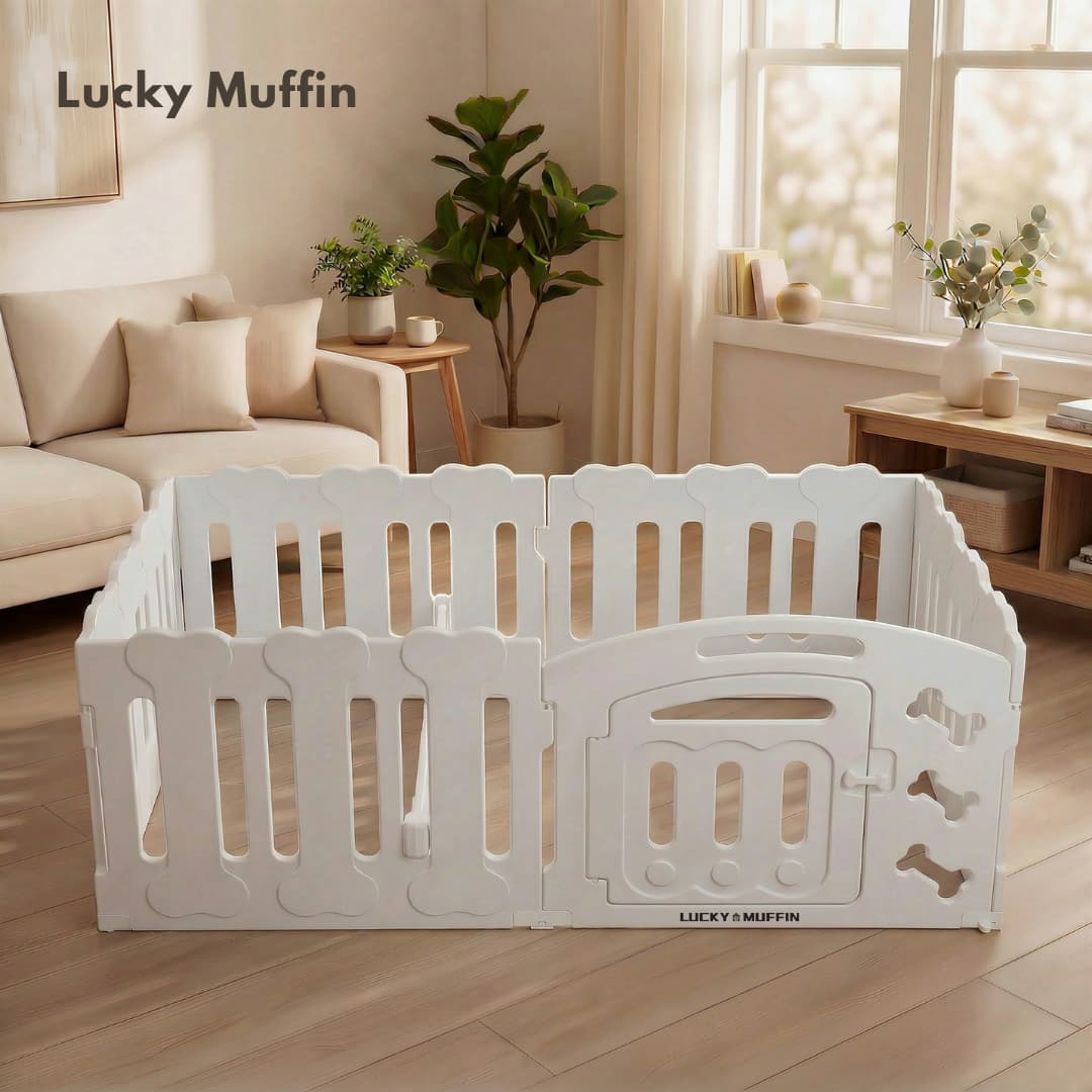 White playpen with 'Lucky Muffin' branding in a living room setting.