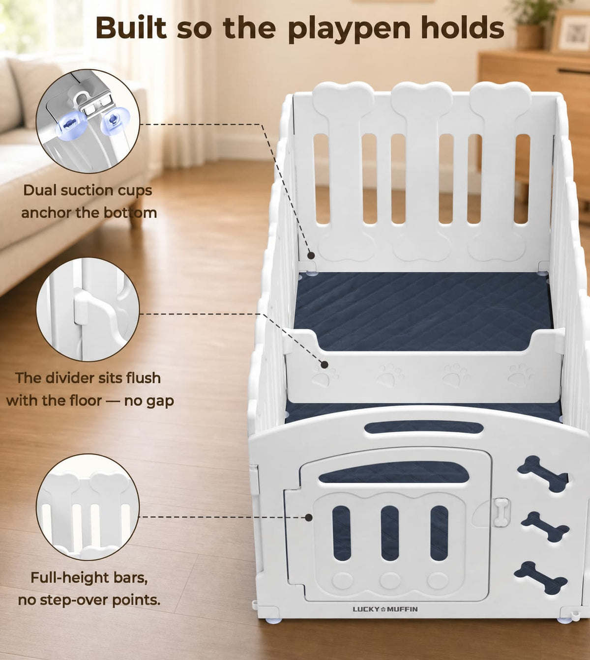 White plastic playpen with dark navy blue divider and base accents, shown in a softly blurred indoor room. The image includes callout text and circular detail insets explaining features like dual suction cups, a flush divider, and full-height bars.