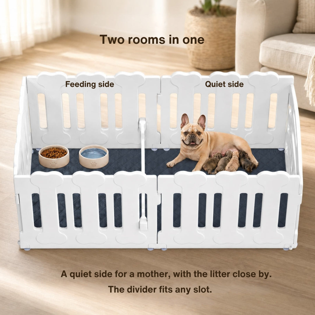 A white plastic pet playpen with a divider panel, shown in a living room setting with a French bulldog lying inside on a dark mat. Text overlays explain the 'Feeding side' and 'Quiet side' and mention 'Two rooms in one'.