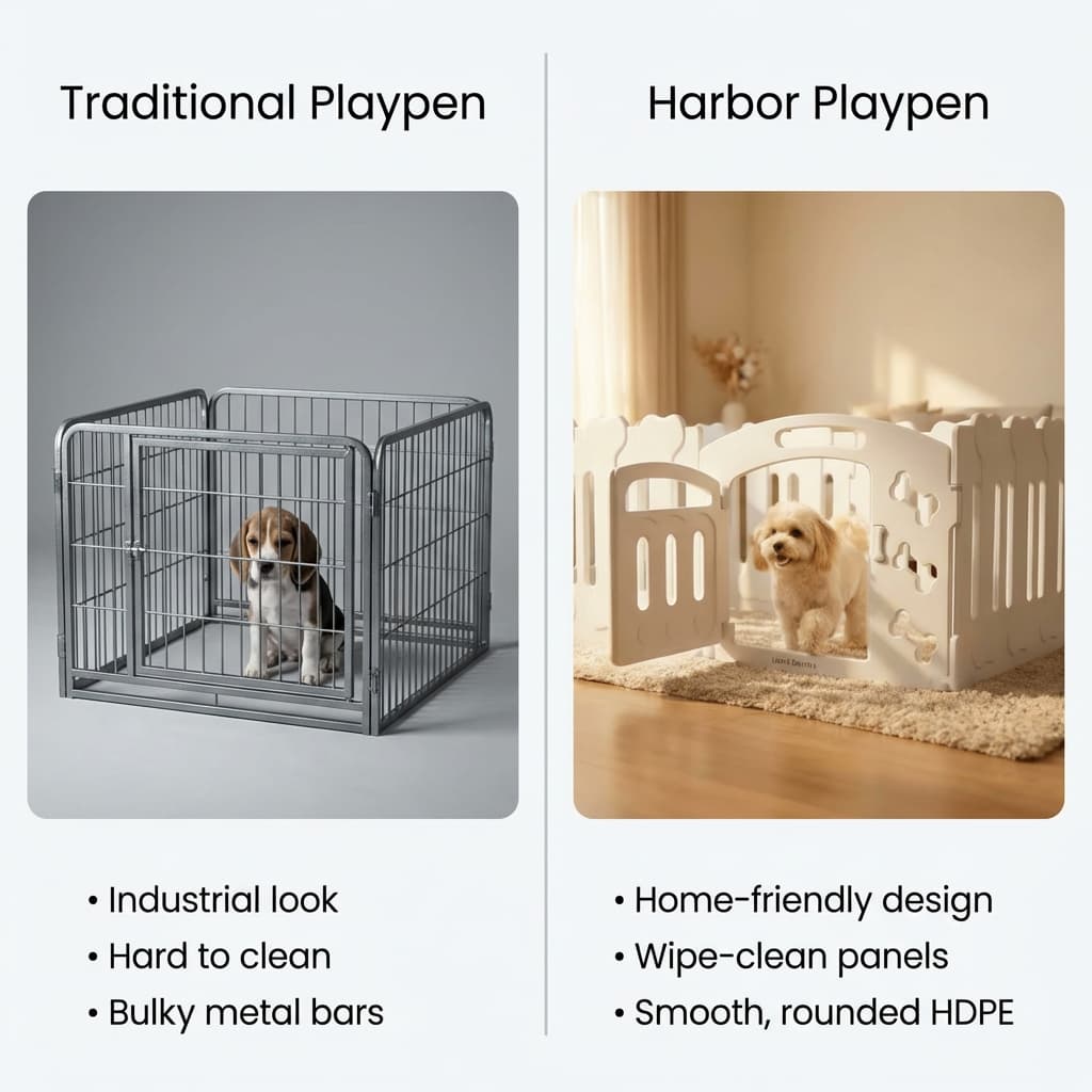 Comparison of a traditional playpen and a Harbor Playpen with text describing their features.