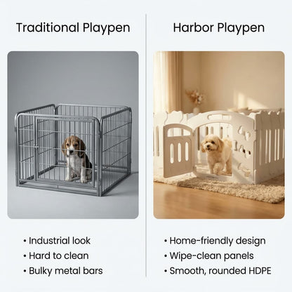 Comparison of a traditional playpen and a Harbor Playpen with text describing their features.