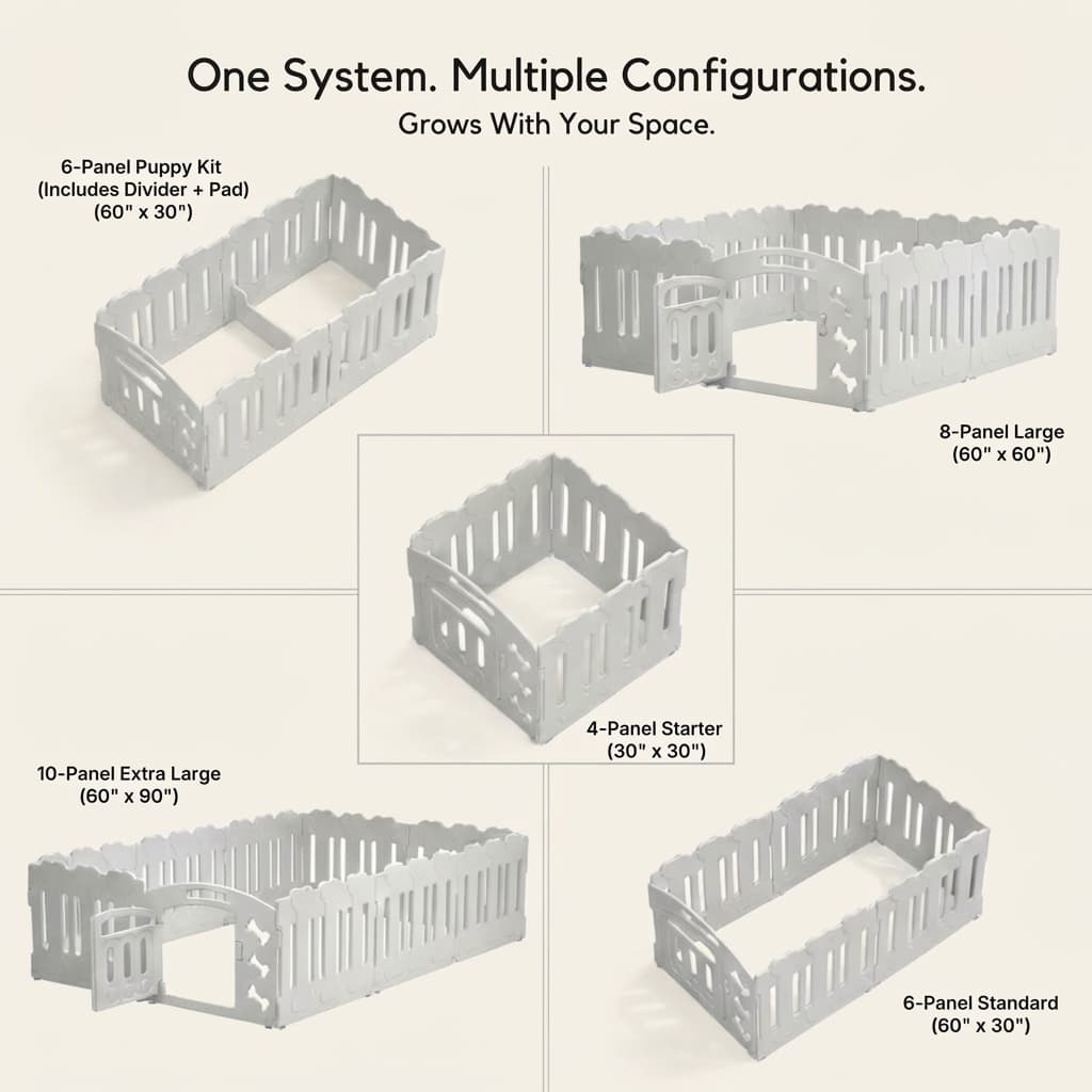 Collapsible pet playpen with various panel configurations on a white background