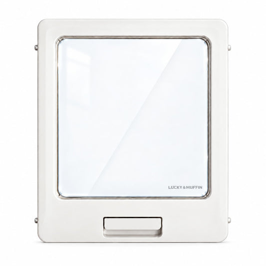 A square white wall switch plate cover with a large clear glass panel and a small recessed slot at the bottom, featuring the 'LUCKY & MUFFIN' brand name in the lower right of the glass.