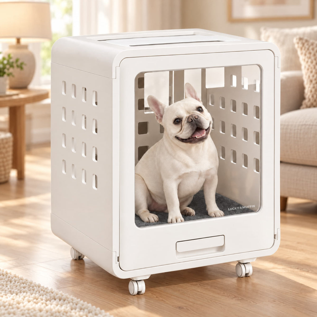 A white wheeled pet crate with a French bulldog sitting inside, shown in a bright, modern living room setting.