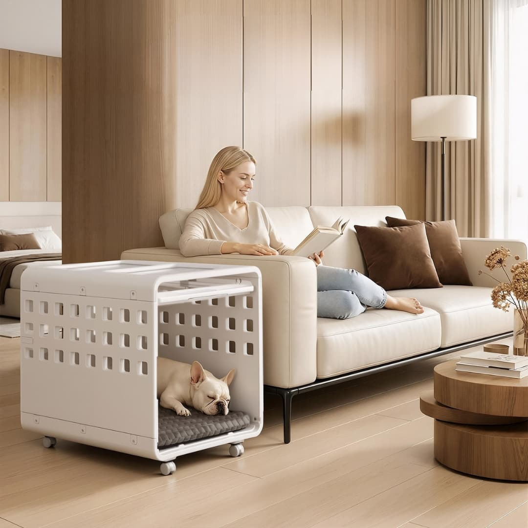 Woman sitting on a couch with a dog in a modern living room
