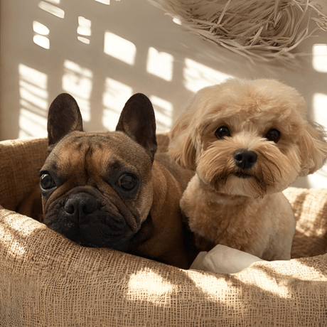Two dogs, one Frenchie and one Maltipoo, sitting together in a woven basket with sunlight filtering through.