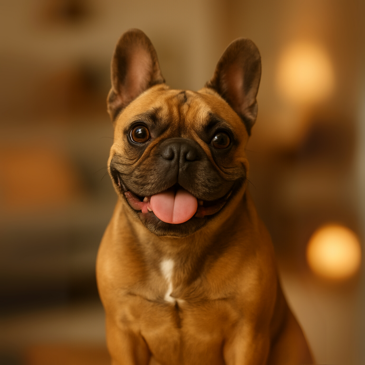 Fawn Frenchie with a happy expression sitting indoors with a warm, blurred background