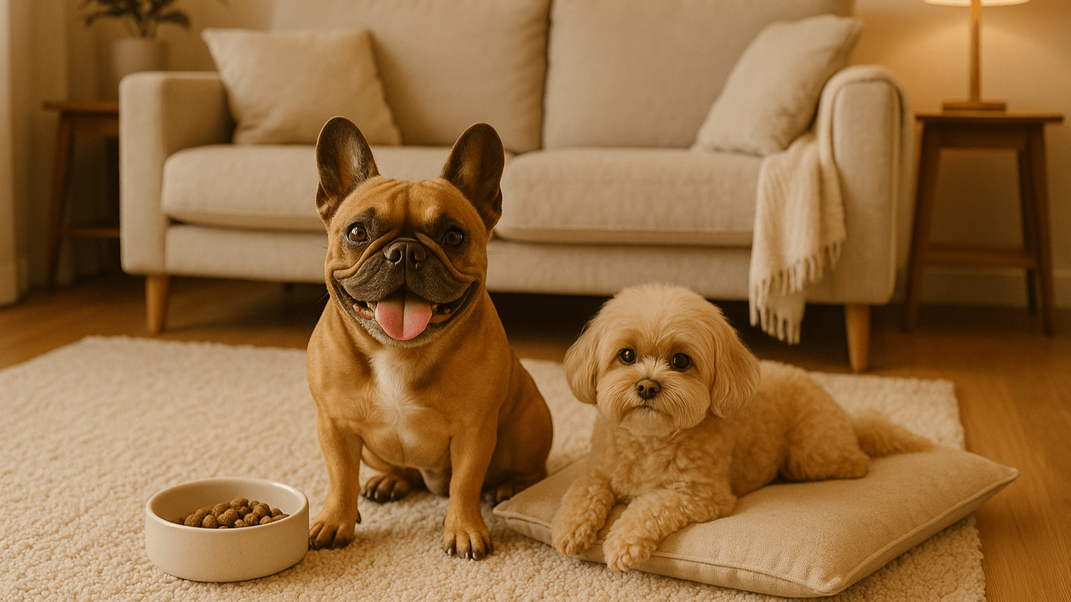 Two dogs, a French Bulldog and a Shih Tzu, sitting on a rug in a living room with a bowl of food.