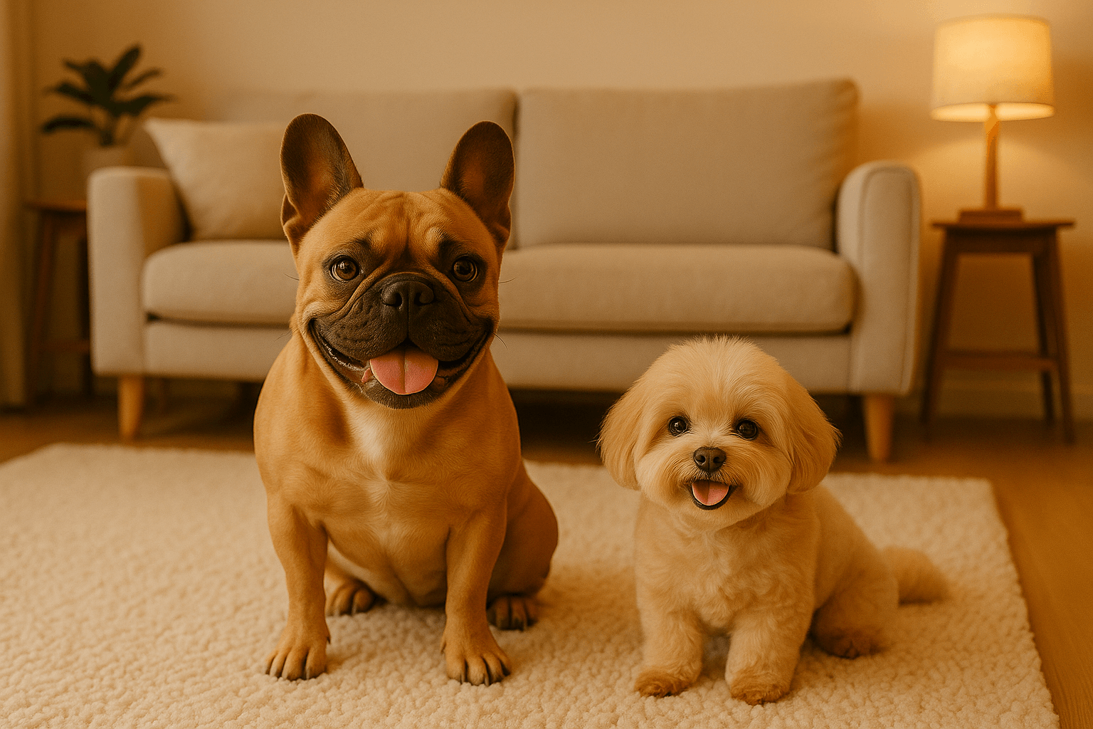 Two dogs, a French Bulldog and a Shih Tzu, sitting on a carpeted floor in a living room.