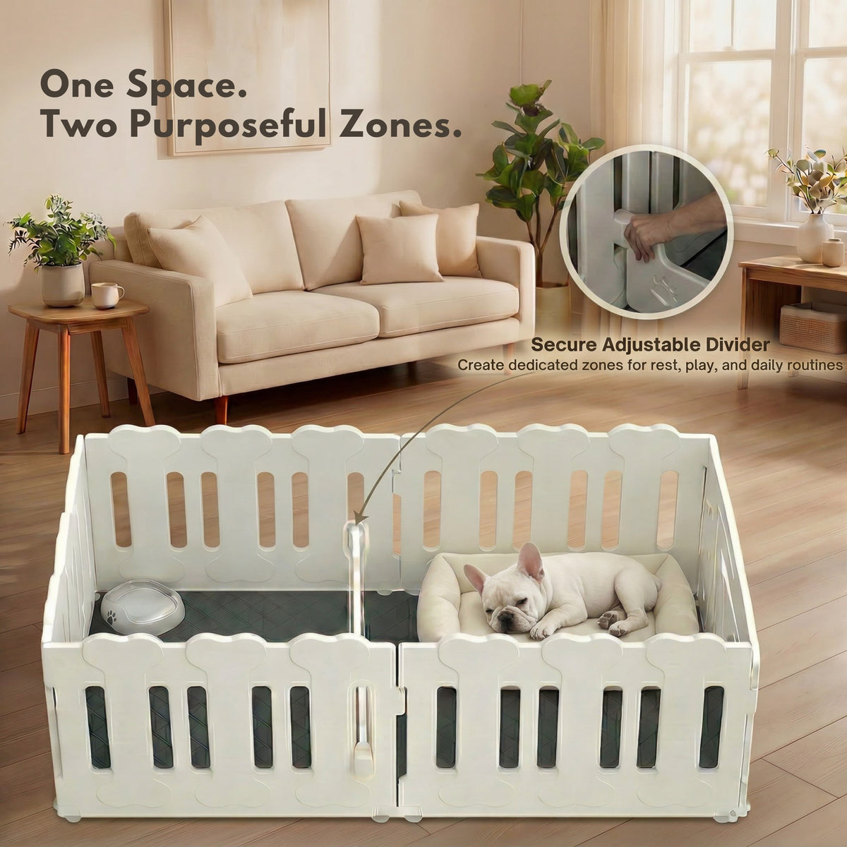 White pet pen with a dog inside in a living room setting, featuring text about two purposeful zones.