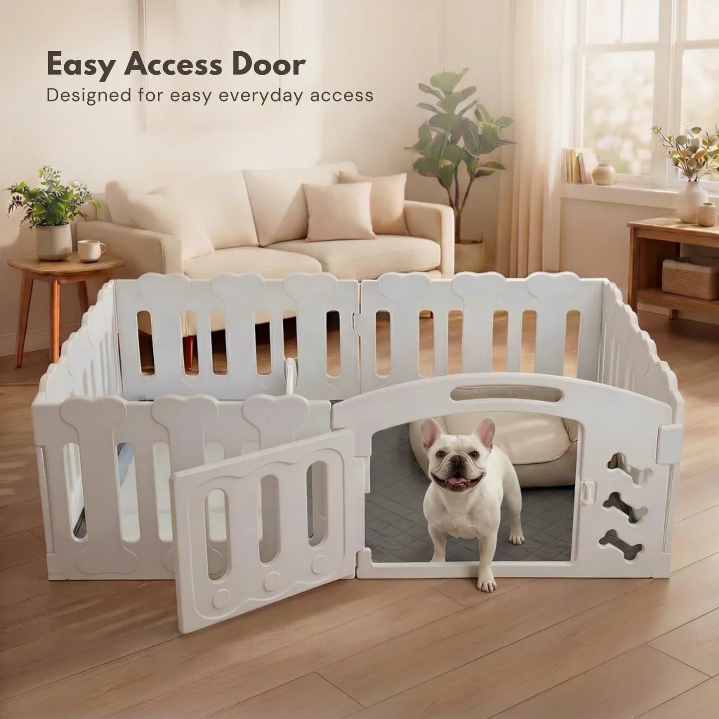 White pet playpen with a dog inside in a living room setting