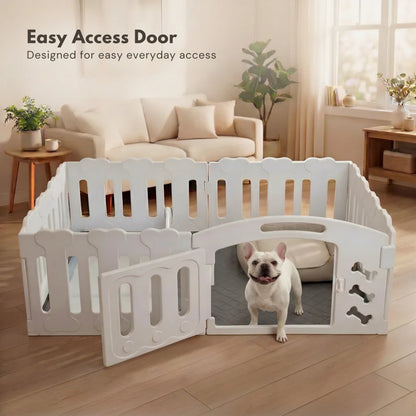 White pet playpen with a dog inside in a living room setting