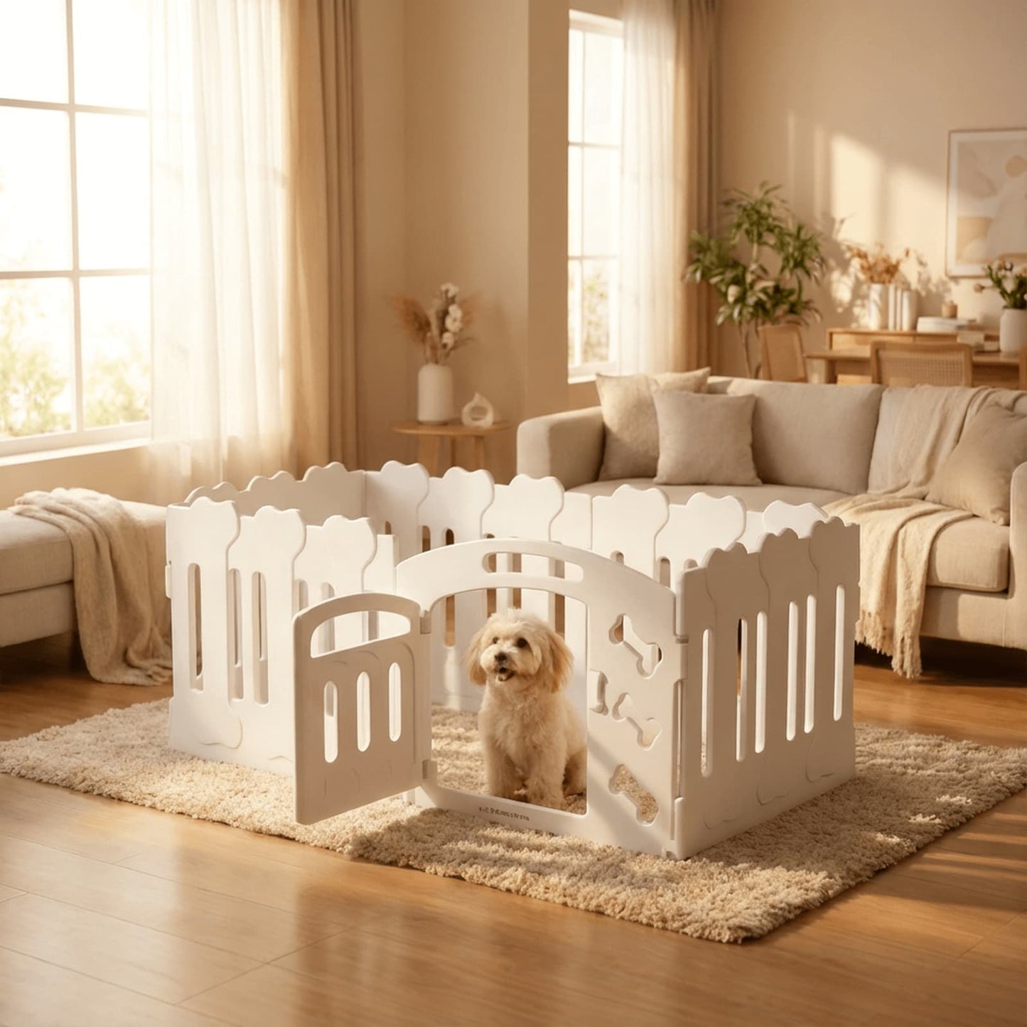 Dog inside a white pet pen in a living room with a couch and windows.
