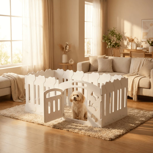 Dog inside a white pet pen in a living room with a couch and windows.