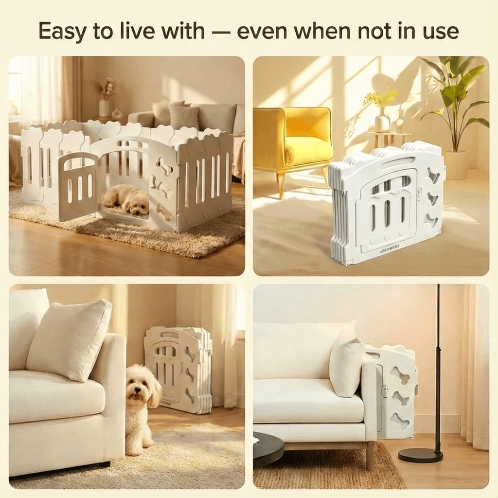 Collage of a pet playpen in various living room settings with text 'Easy to live with -- even when not in use'.