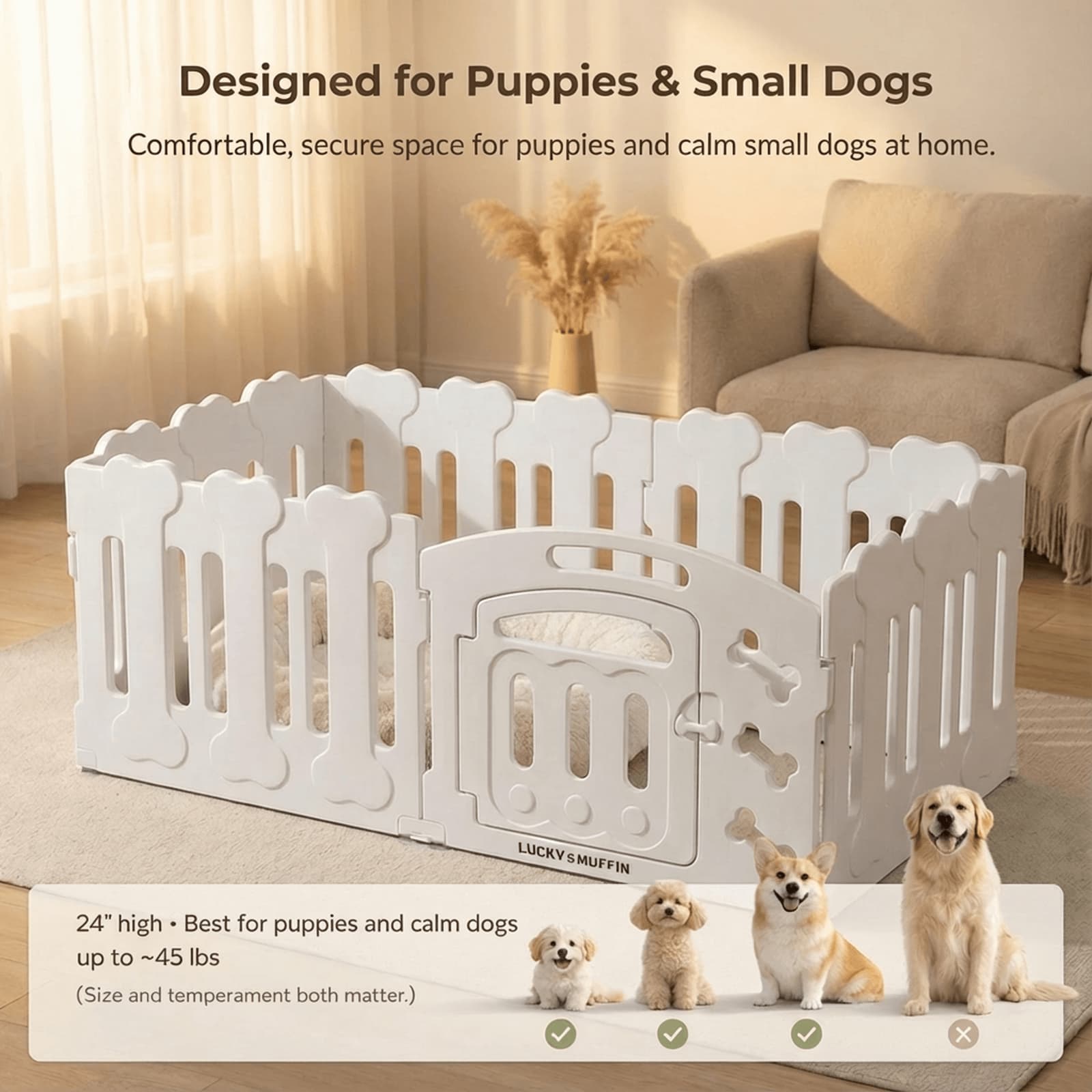 White pet playpen with puppies and a dog in a living room setting