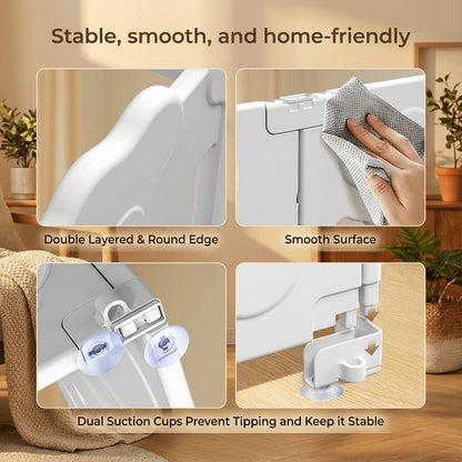 Product with features highlighted on a wooden surface, including stability and smoothness.