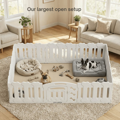 White pet playpen in a living room with dogs and toys inside