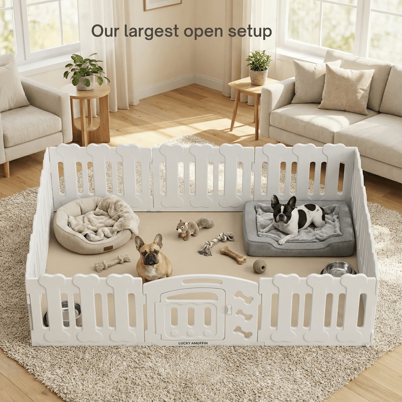 White pet playpen in a living room with dogs and toys inside