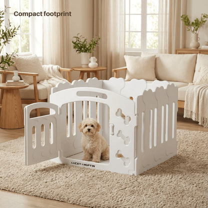 White pet pen with a dog inside in a living room setting