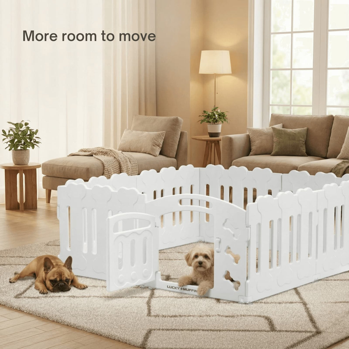 White pet playpen with a dog inside in a living room setting.