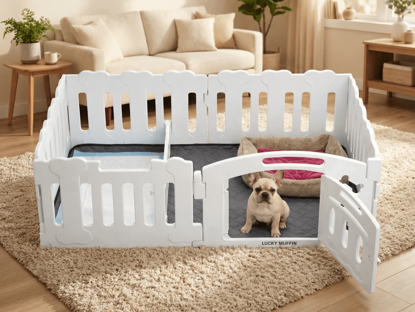 White pet playpen with a dog inside in a living room setting