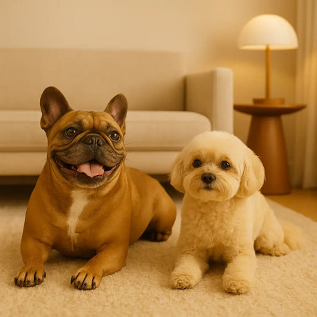 Two dogs, a French Bulldog and a Shih Tzu, sitting on a carpeted floor in a cozy living room.