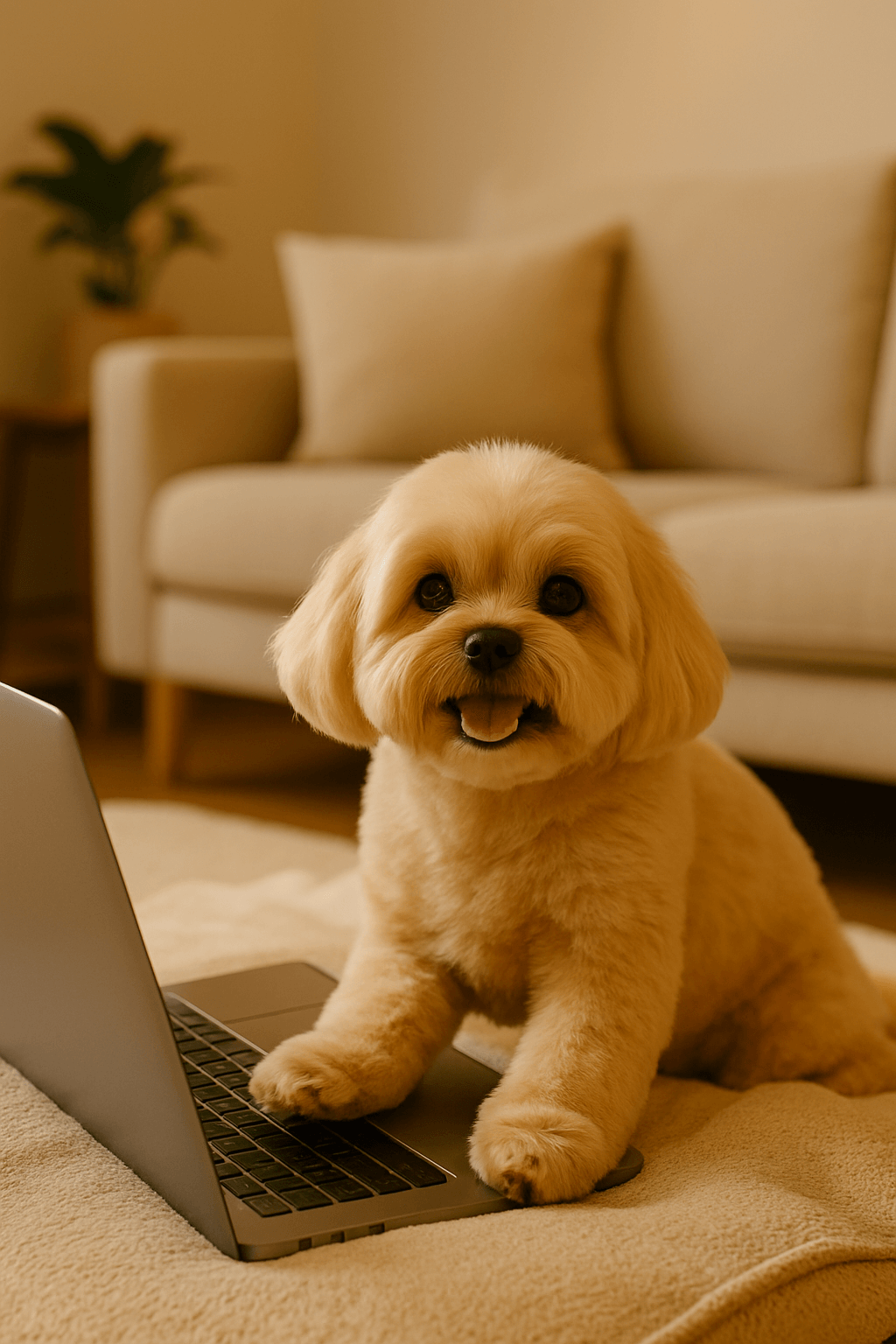 Dog sitting on a laptop in a cozy living room setting