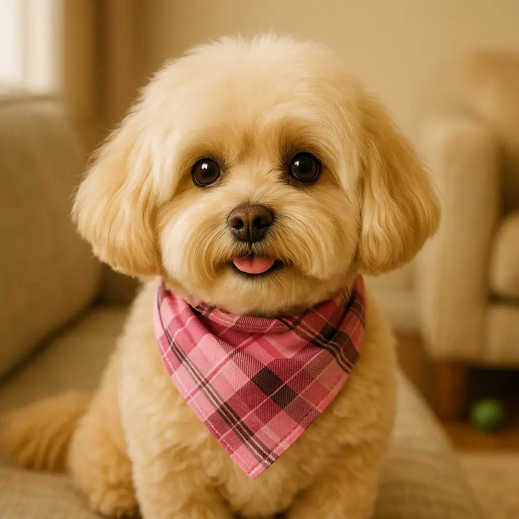 Small dog wearing a pink plaid bandana sitting on a couch.