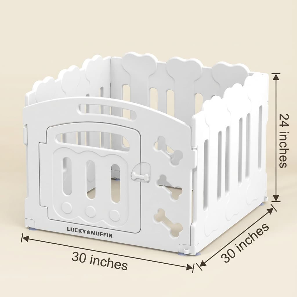 White pet playpen with dimensions on a beige background