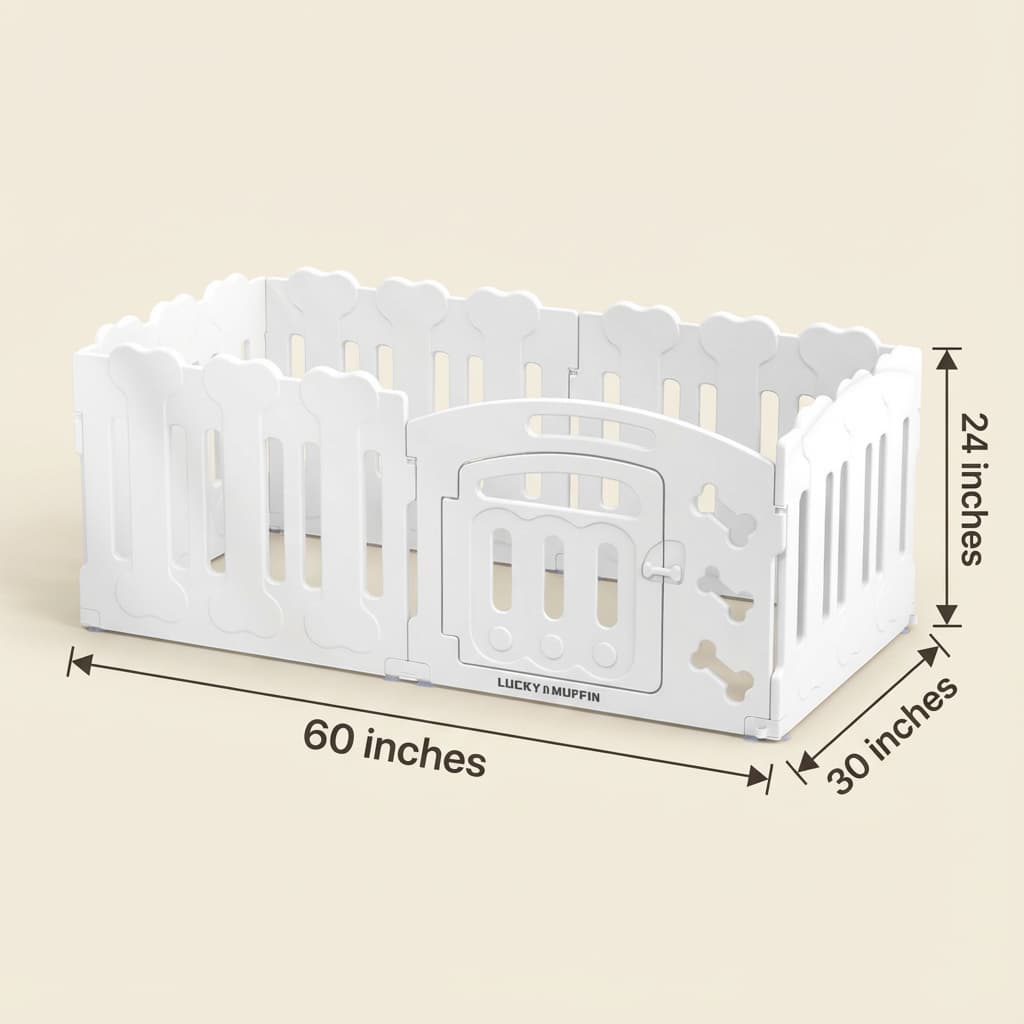 White pet playpen with dimensions labeled on a beige background