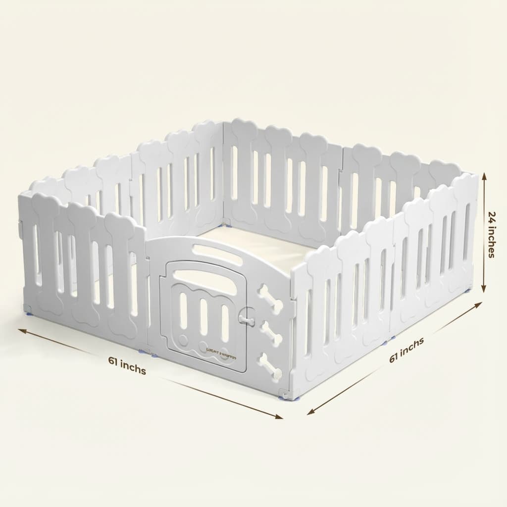 White pet playpen with dimensions on a white background