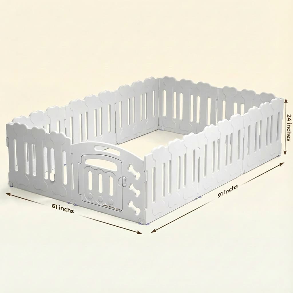 White playpen with dimensions on a beige background