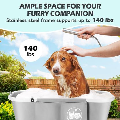 3-in-1 Premium Dog Bath Tub – Foldable & Portable | Includes Towel & Grooming Brush | Adjustable Height for Easy Bathing | Supports Pets up to 140 lbs